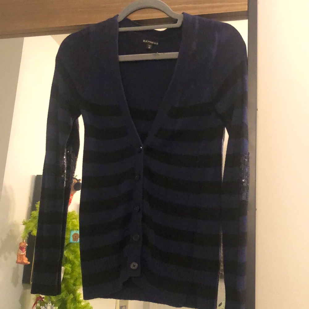 Express Navy and Black Cardigan with Sequined Elbow Patches